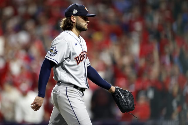 PHILADELPHIA, PENNSYLVANIA - NOVEMBER 01: Lance McCullers Jr. #43 of the Houston Astros walks off the field after being pulled from the game during the fifth inning against the Philadelphia Phillies in Game Three of the 2022 World Series at Citizens Bank Park on November 01, 2022 in Philadelphia, Pennsylvania.
