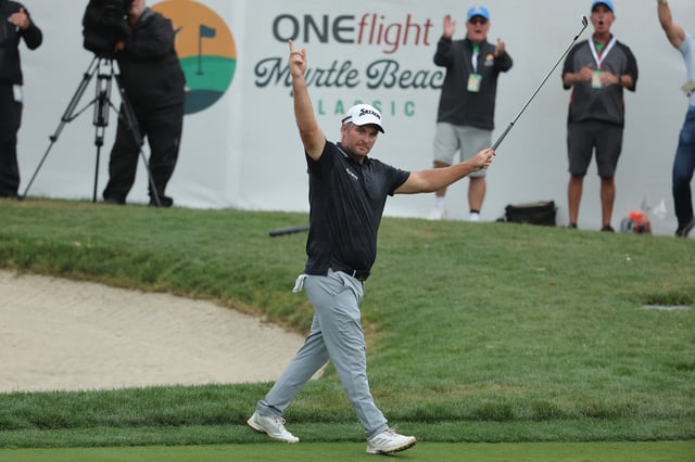MYRTLE BEACH, SOUTH CAROLINA - MAY 11: Ryan Fox of New Zealand reacts after chipping in on the 18th green during the first playoff hole to win the final round of the ONEflight Myrtle Beach Classic 2025 at Dunes Golf &amp; Beach Club on May 11, 2025 in Myrtle Beach, South Carolina.
