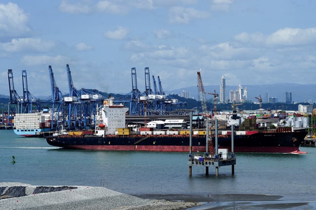 A ship sails near the Balboa Port, Panama City, Panama, March 4, 2025. REUTERS/Enea Lebrun/File Photo