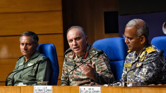  (L-R) Air Marshal AK Bharti, DGMO Lieutenant General Rajiv Ghai and Vice Admiral AN Pramod during the press conference on Operation Sindoor, in New Delhi on Sunday. 