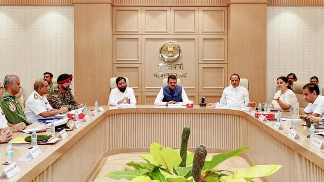 Maharashtra chief minister Devendra Fadnavis (centre) with deputy CMs Eknath Shinde (left) and Ajit Pawar chair a meeting with security officials in Mumbai on Monday. (Photo from X)