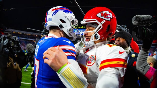 Kansas City Chiefs quarterback Patrick Mahomes (15) greets Buffalo Bills quarterback Josh Allen (17) following the 2024 AFC divisional round game at Highmark Stadium.