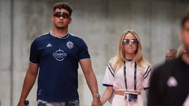 Kansas City Chiefs Patrick Mahomes and wife Brittany Mahomes attend an MLS game between Sporting Kansas City and Inter Miami at GEHA Field at Arrowhead Stadium on Saturday, April 13, 2024, in Kansas City.