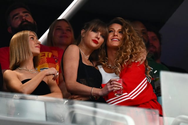 Taylor Swift hugs Blake Lively during the first quarter of the Super Bowl at Allegiant Stadium in Las Vegas, Nev., on Sunday, Feb. 11, 2024. The Kansas City Chiefs defeated the San Francisco 49ers 25-22. (Jose Carlos Fajardo/Bay Area News Group)