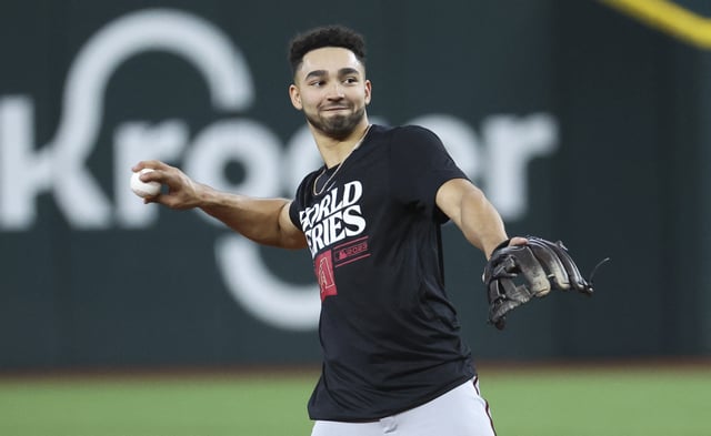 Oct 26, 2023; Arlington, TX, USA; Arizona Diamondbacks shortstop Jordan Lawlar (10) works out prior to the 2023 World Series against the Texas Rangers at Globe Life Field. Mandatory Credit: Kevin Jairaj-USA TODAY Sports/File Photo