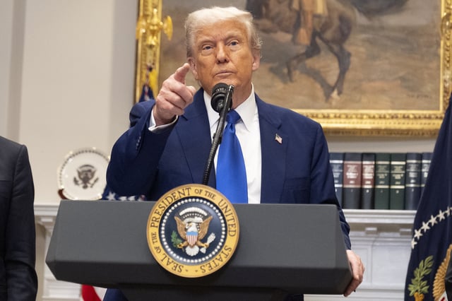 President Donald Trump gestures while answering a reporter&#39;s question during an event in the Roosevelt Room at the White House, Monday, May 12, 2025, in Washington.