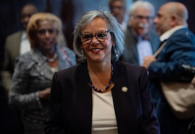 U.S. Rep. Robin Kelly of Matteson shown before speaking at the City Club of Chicago, recently announced that she is  launching a Democratic primary campaign for Dick Durbin&#39;s Senate seat on May 12, 2025. (E. Jason Wambsgans/Chicago Tribune)