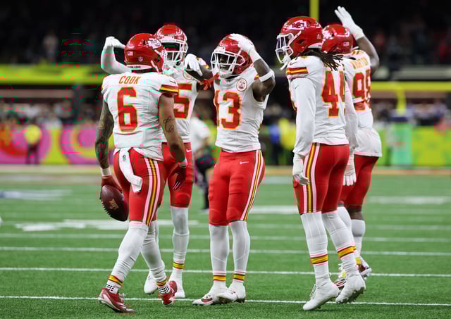 Feb 9, 2025; New Orleans, LA, USA; Kansas City Chiefs safety Bryan Cook (6) is congratulated by teammates after making an interception against the Philadelphia Eagles during the first half of Super Bowl LIX at Caesars Superdome. Mandatory Credit: Geoff Burke-Imagn Images/File Photo