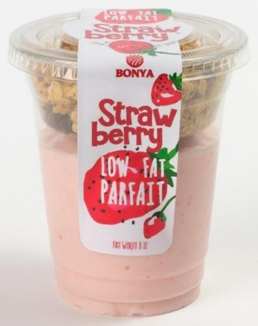 A Bonya brand strawberry low fat yogurt parfait can be seen amid a recall nationwide amid concerns over undeclared almonds. (Photo from the U.S. Food and Drug Administration)