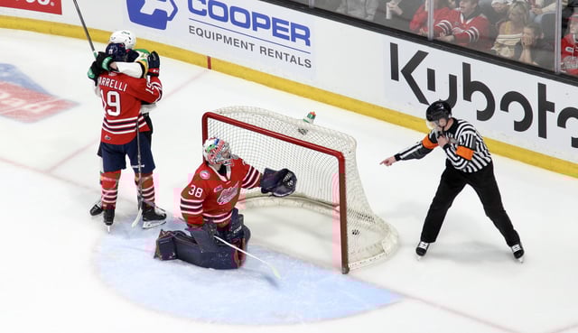 Oshawa, Ont. - Jacob Julien of the London Knights scores short-handed on Jacob Oster of the Oshawa Gnereals in Game 3 of the OHL Championship series on May 12, 2025 at the Tribute Communities Centre.