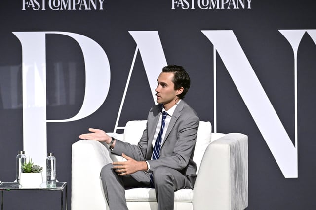 David Hogg is seen speaking onstage during the Fast Company Innovation Festival 2024 at BMCC Tribeca PAC on September 17, 2024, in New York City. (Photo by Eugene Gologursky/Getty Images for Fast Company)