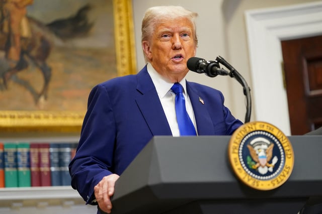 Le président américain Donald Trump s’exprime lors d’une conférence de presse à la Maison-Blanche à Washington, aux États-Unis, le 12 mai 2025.