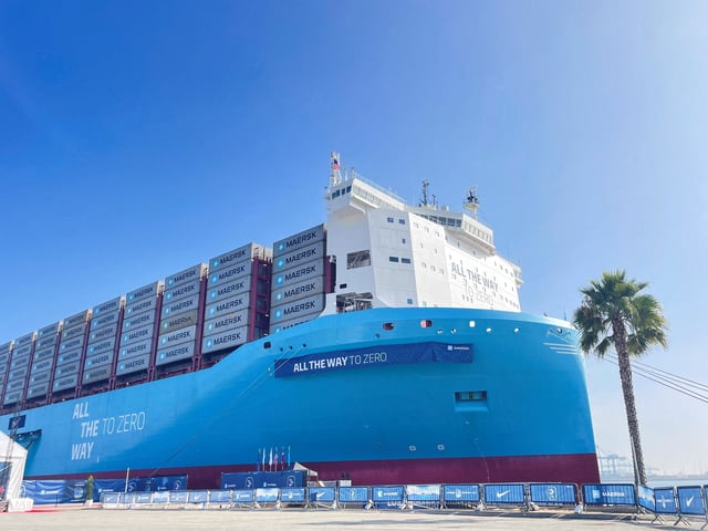 The Alette Maersk, a green methanol-powered ship, is seen docket at the Port of Los Angeles, in Los Angeles, California, U.S., August 27, 2024. REUTERS/Lisa Baertlein/File Photo