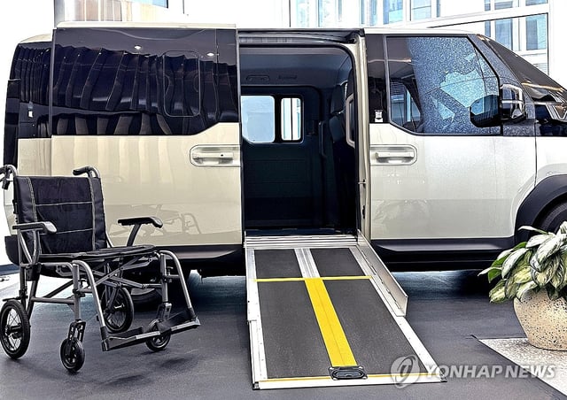This photo provided by Kia Corp. on May 13, 2025, shows the company's PV5 WAV model showcased at the Future of the Car Summit in London. (PHOTO NOT FOR SALE) (Yonhap)