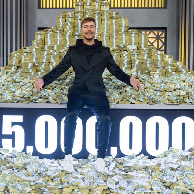 Jimmy "MrBeast" Donaldson sitting on top of a large pile of money.