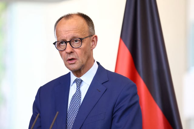 German Chancellor Friedrich Merz speaks during a press conference with Greek Prime Minister Kyriakos Mitsotakis, in Berlin, Germany, May 13, 2025. REUTERS/Lisi Niesner
