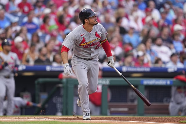 PHILADELPHIA, PENNSYLVANIA - MAY 12: Nolan Arenado #28 of the St. Louis Cardinals bats against the Philadelphia Phillies at Citizens Bank Park on May 12, 2025 in Philadelphia, Pennsylvania. The Cardinals defeated the Phillies 3-2.