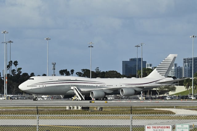 In this Feb. 15 photo, a Qatari Boeing 747 sits on the tarmac of Palm Beach International airport after US President Donald Trump toured the aircraft.