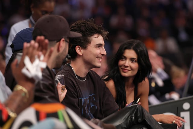 Timothée Chalamet and Kylie Jenner sit courtside during the first quarter in Game Four of the Eastern Conference Second Round NBA Playoffs between the Boston Celtics and the New York Knicks at Madison Square Garden on May 12, 2025 in New York City.