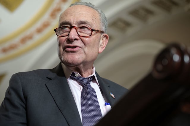 Senate Minority Leader Chuck Schumer speaks to reporters following the weekly Democrat Senate policy luncheon at the US Capitol on May 6 in Washington, DC.
