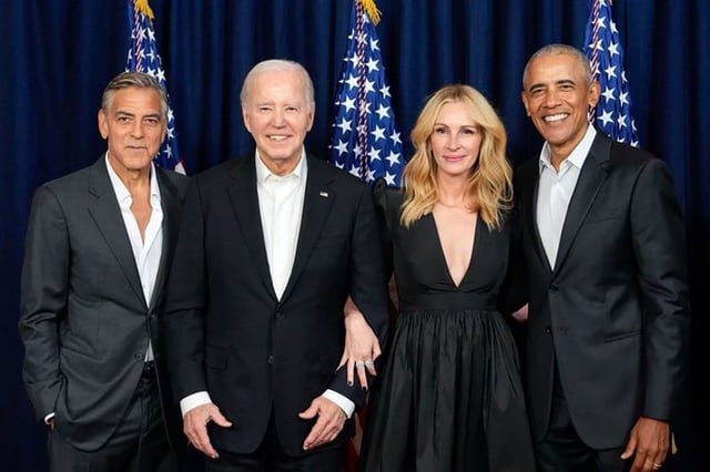 In this photo posted to X.com, George Clooney, President Joe Biden, Julia Roberts, and former President Barack Obama pose for a photo following a fundraiser in Los Angeles.