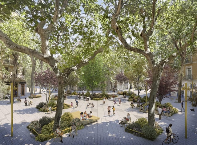 Vista virtual de la nueva plaza que surgirá en la calle Parlament tras consolidar la 'superilla'