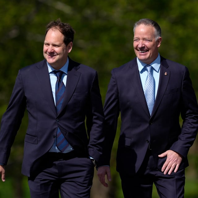 John Zerucelli and Stephen Fuhr arrive for a cabinet swearing-in ceremony at Rideau Hall in Ottawa, on Tuesday, May 13, 2025. THE CANADIAN PRESS/Justin Tang