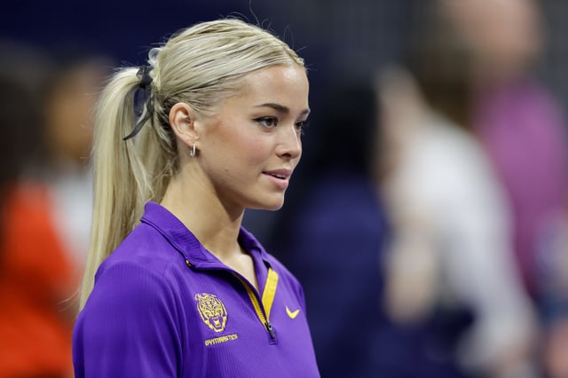 Olivia Dunne of the LSU Tigers prior to a meet against the Auburn Tigers at Neville Arena on March 14, 2025 in Auburn, Alabama.