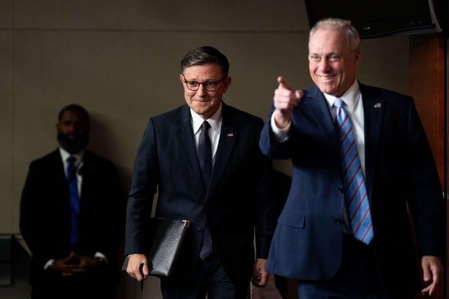 Speaker of the House Mike Johnson, left, and House Majority Leader Steve Scalise arrive for the House Republicans' news conference following the House Republican Conference caucus meeting in the Capitol on May 6, 2025.
