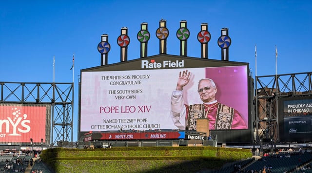 Like many American Jews, Pope Leo XIV is a big fan of baseball. The outfield video board displays a congratulatory message for him at the Chicago White Sox's Rate Field on May 9, 2025. (Abigail Dean/Getty Images)