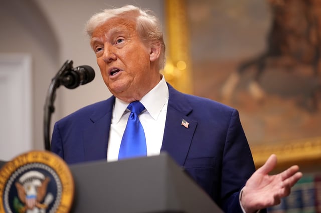 U.S. President Donald Trump speaks during a press conference in the Roosevelt Room of the White House on May 12, 2025, in Washington, DC.