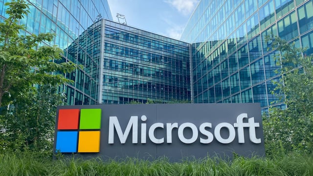 Entrance of Microsoft headquarters building in Issy les Moulineaux near Paris, France.