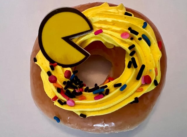Krispy Kreme’s Pac-Man doughnut is an Original Glazed doughnut with yellow buttercream frosting. (Photo by Fielding Buck, The Press-Enterprise/SCNG)