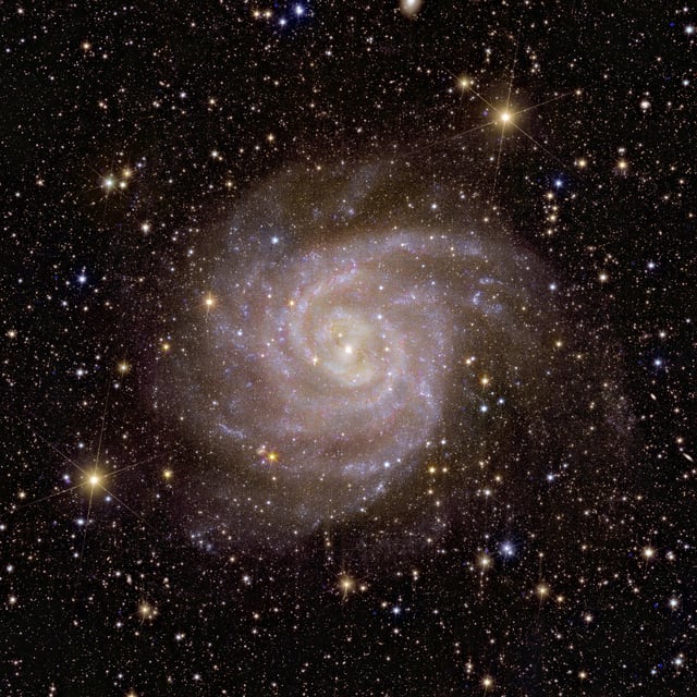 A spiral-shaped galaxy called "Hidden Galaxy", also known as IC 342 or Cadwell 5, captured by Euclid telescope, designed and built by European Space Agency (ESA) to explore dark matter and dark energy.