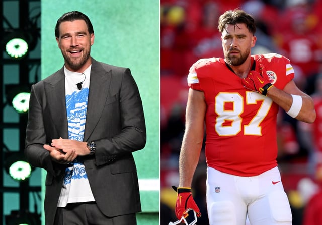 Travis Kelce on May 12, 2025, left, and Kelce on Nov. 29, 2024, at right. (Getty Images)