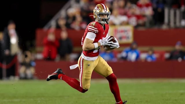 Dec 30, 2024; Santa Clara, California, USA; San Francisco 49ers wide receiver Ricky Pearsall (14) during the game against the Detroit Lions at Levi's Stadium. Mandatory Credit: Sergio Estrada-Imagn Images
