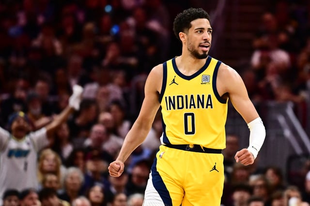 May 13, 2025; Cleveland, Ohio, USA; Indiana Pacers guard Tyrese Haliburton (0) celebrates during the second half against the Cleveland Cavaliers in game five of the second round for the 2025 NBA Playoffs at Rocket Arena. Mandatory Credit: Ken Blaze-Imagn Images
