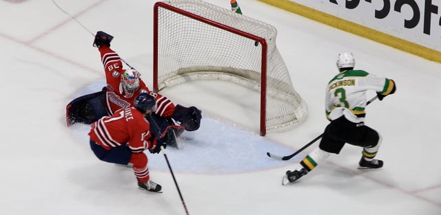 Oshawa, Ont. - Sam Dickinson of the London Knights scores his second goal of Game 4 of the Ontario Hockey League Championship at the Tribute Communities Centre on May 13, 2025.