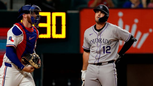 The Colorado Rockies’ Sean Bouchard (12) reacts after striking out against the Texas Rangers during the ninth inning at Globe Life Field on Tuesday, May 13, 2025, in Arlington, Texas. (Ron Jenkins/Getty Images/TNS)