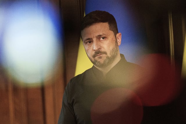 Ukrainian President Volodymyr Zelenskyy speaks to journalists during a news conference in Kyiv, Ukraine, Tuesday, May 13, 2025. (AP Photo/Evgeniy Maloletka)