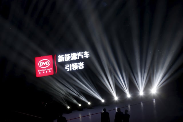 The logo of BYD is displayed at BYD Dreamcast conference in Beijing, China, April 11, 2016. REUTERS/Kim Kyung-Hoon