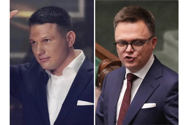 This combination of photos shows Slawomir Mentzen, left, in Katowice, Poland, on Sept. 23, 2023 and Szymon Holownia in Warsaw, Poland, on Nov. , 13, 2023. (AP Photo/Czarek Sokolowski, File)