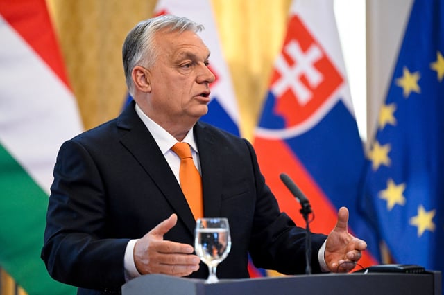 Hungarian Prime Minister Viktor Orban attends a press conference with Slovakia's Prime Minister Robert Fico (not pictured), in Bratislava, Slovakia, April 28, 2025. REUTERS/Radovan Stoklasa/File Photo