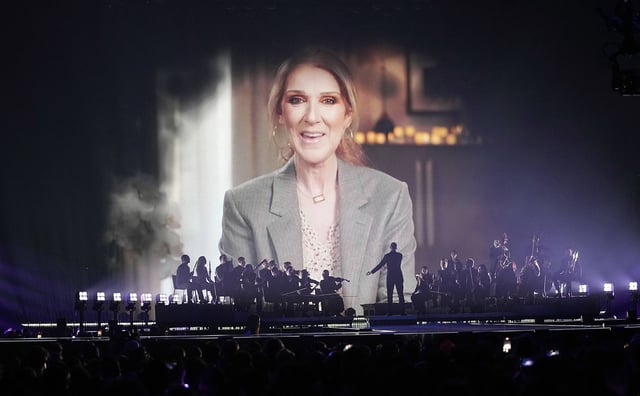 Former Eurovision Song Contest winner Celine Dion, speak in a pre-recorded video message during the first semi-final of the 69th Eurovision Song Contest, in Basel, Switzerland, Tuesday, May 13, 2025. (AP Photo/Martin Meissner)