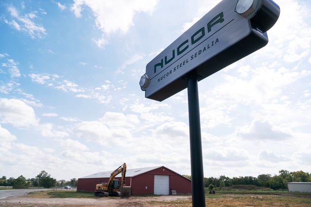 A sign for the Nucor Steel Mill, under construction, is seen in Sedalia, Missouri, U.S., October 3, 2018. Picture taken October 3, 2018. To match Insight USA-TRADE/NUCOR. REUTERS/Lawrence Bryant