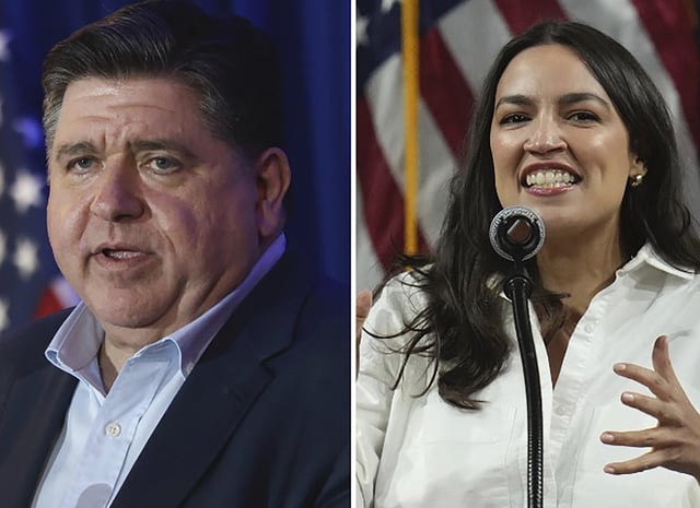 This photo combo shows Illinois Gov. JB Pritzker, left, speaking during the McIntyre-Shaheen 100 Club Dinner, April 27, 2025, in Manchester, N.H. and Rep. Alexandria Ocasio-Cortez, D-N.Y., speaking during a "Fighting Oligarchy" tour event at Arizona State University, March 20, 2025, in Tempe, Ariz. (AP Photo/Reba Saldanha/Ross D. Franklin)