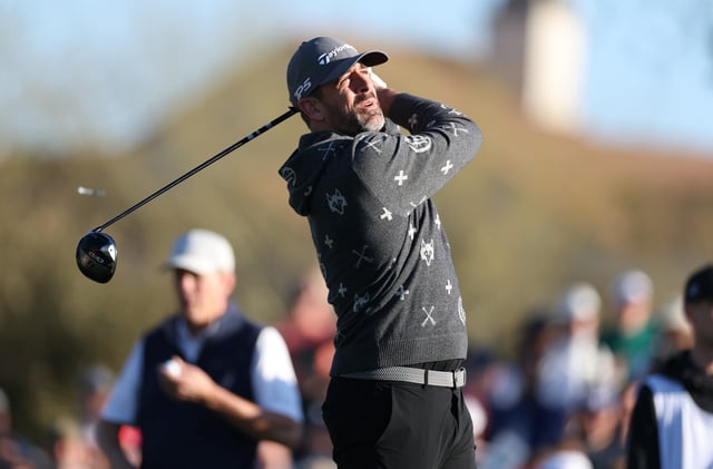 SCOTTSDALE, ARIZONA - FEBRUARY 05: Aaron Rodgers hits a shot during the Pro Am prior to the WM Phoenix Open 2025 at TPC Scottsdale on February 05, 2025 in Scottsdale, Arizona.
