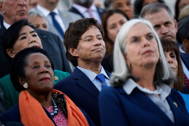 In this October 2023 photo, Rep. Shri Thanedar joins fellow House Democrats for a rally on the East Steps of the US Capitol on October 13, 2023 in Washington, DC.