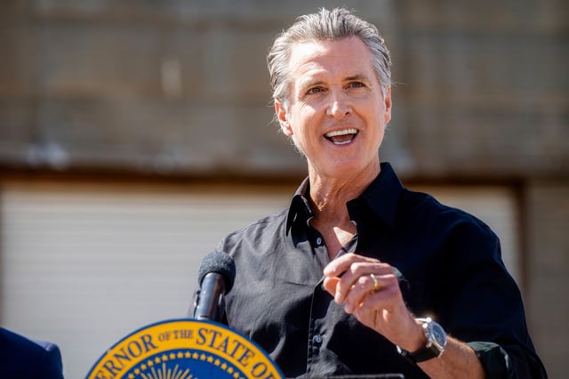 California Gov. Gavin Newsom on April 16, 2025, at an almond farm in Ceres, Calif.