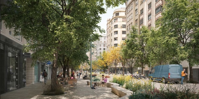 Figuración de la avenida del Oeste, con aceras con arbolado más anchas y un carril por sentido